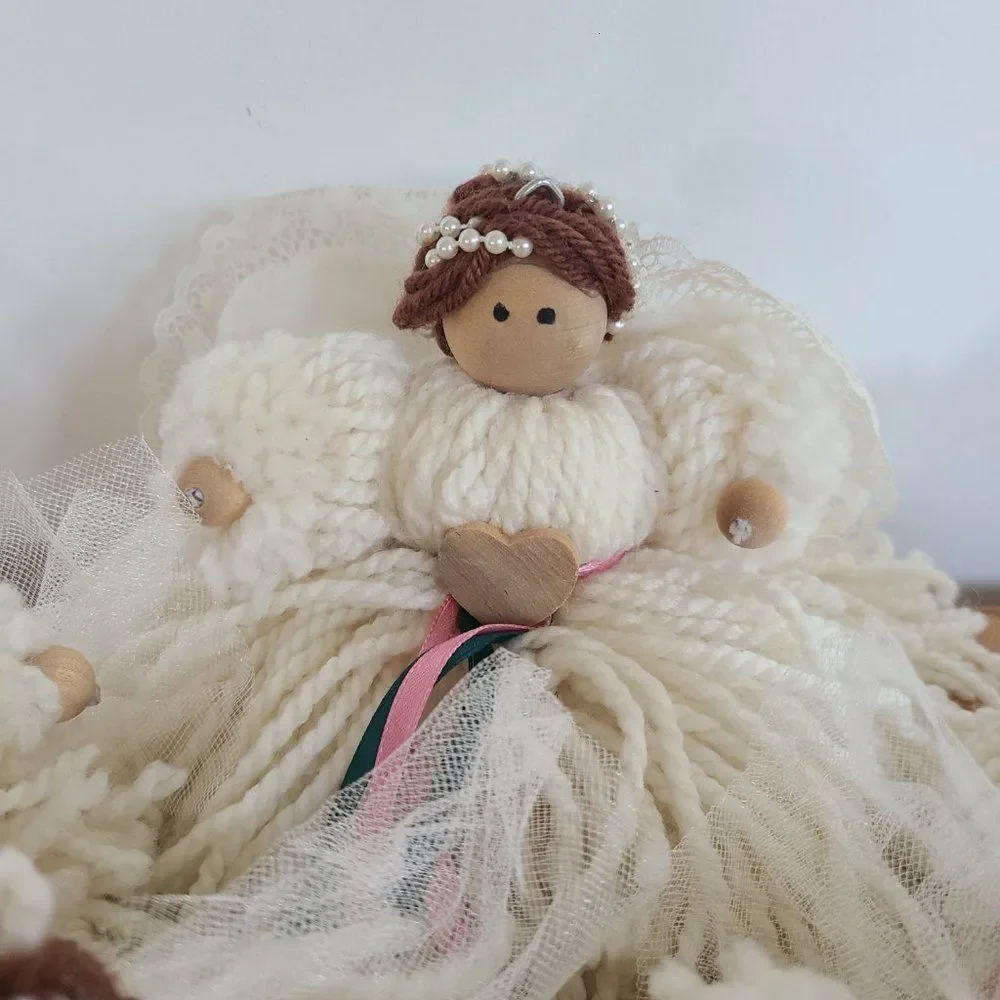 Vintage Five Yarn Mop Dolls Thimble Wood Bead Satin Ribbon Tulle Accent Handmade